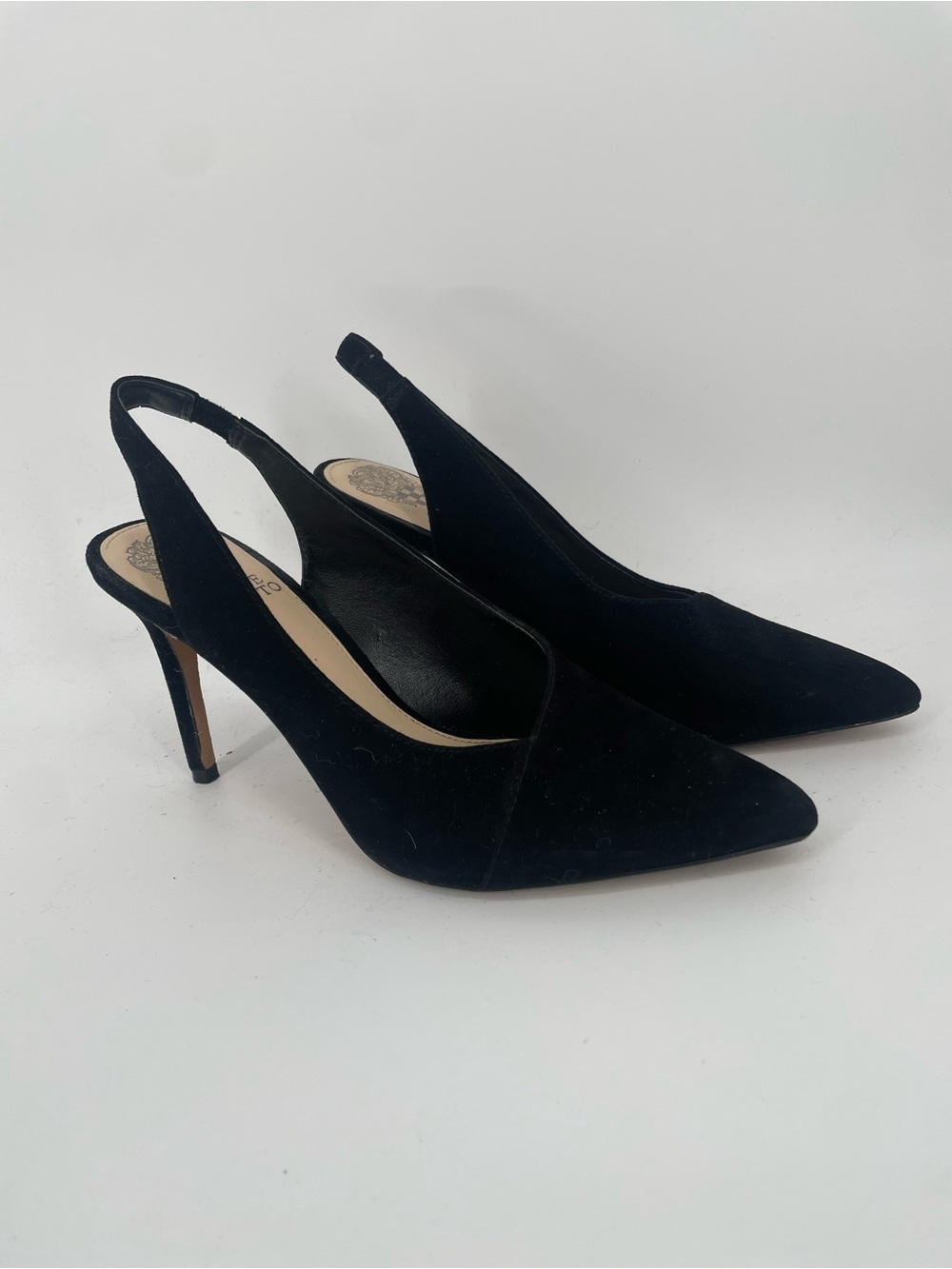 Vince Camuto Black Faux Suede Pointed Toe Classic Sling Black Stilleto Heel
